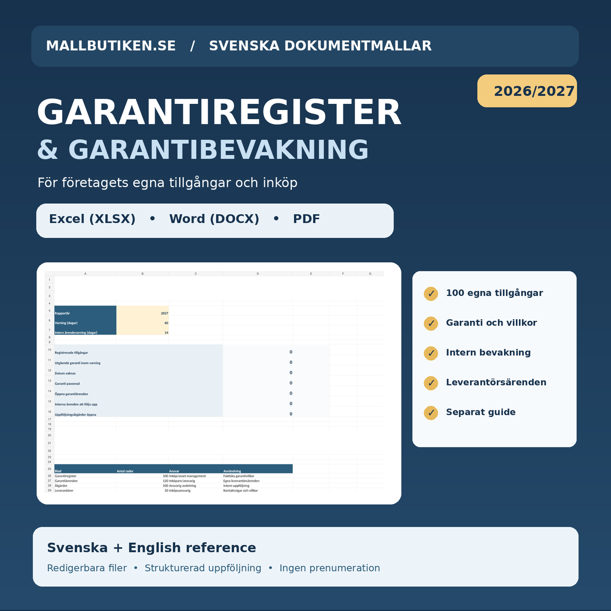 Garantiregister & Garantibevakning 2026 2027 Excel Word PDF – Mallbutiken
