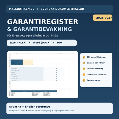 Garantiregister & Garantibevakning 2026 2027 Excel Word PDF – Mallbutiken