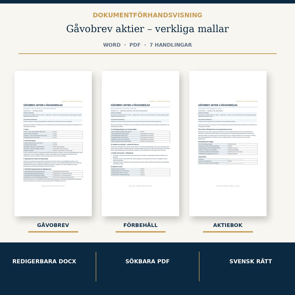 Verkliga dokumentförhandsvisningar av gåvobrev aktier, förbehållskontroll och aktieboksanmälan