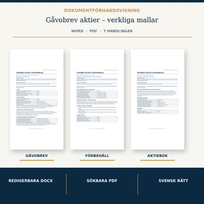 Verkliga dokumentförhandsvisningar av gåvobrev aktier, förbehållskontroll och aktieboksanmälan