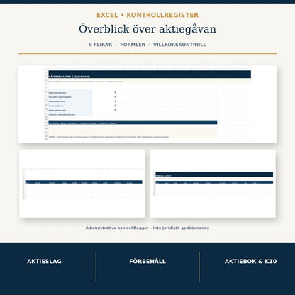 Excel arbetsbok med nio flikar, aktiegåva, förköp samtycke hembud och skatteprövning K10