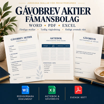 Gåvobrev aktier fåmansbolag – mallar i Word PDF Excel och aktiebokskontroll