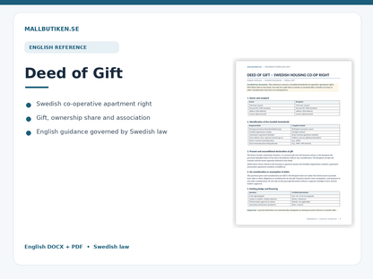 English Deed of Gift of Swedish cooperative apartment right – reference under Swedish law