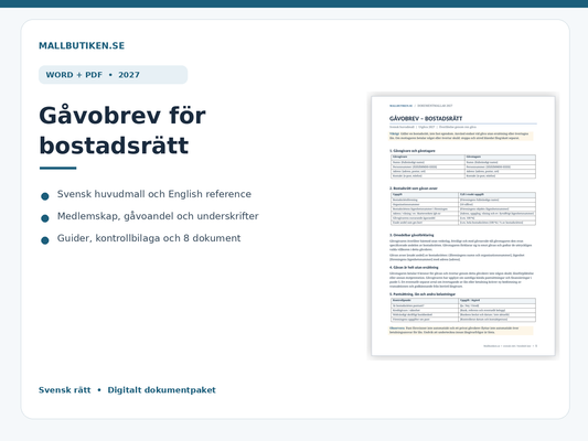 Gåvobrev för bostadsrätt – svensk huvudmall Word/PDF 2027 och engelsk referens