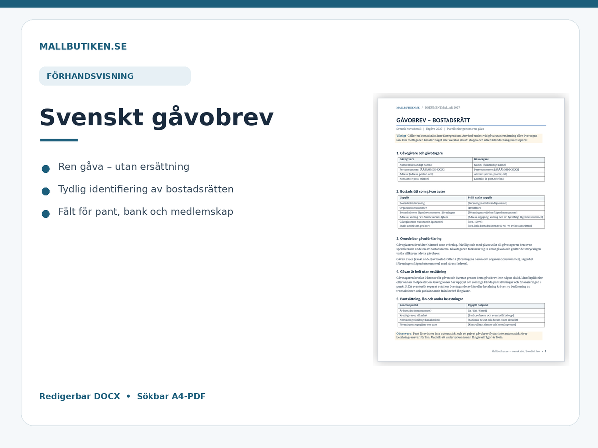 Förhandsvisning av svenskt gåvobrev för bostadsrätt med formkrav och medlemskap
