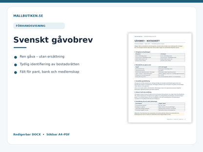 Förhandsvisning av svenskt gåvobrev för bostadsrätt med formkrav och medlemskap