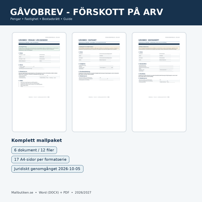 Gåvobrev förskott på arv 2026/2027 – pengar fastighet bostadsrätt Word PDF