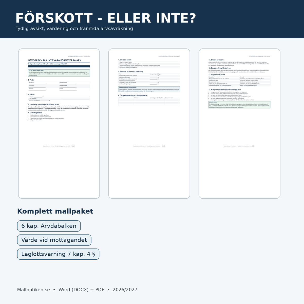Gåvobrev inte förskott på arv – värdering arvsavräkning laglott 2026/2027