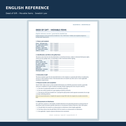 Deed of Gift – Movable Items, engelsk referensmall enligt svensk rätt