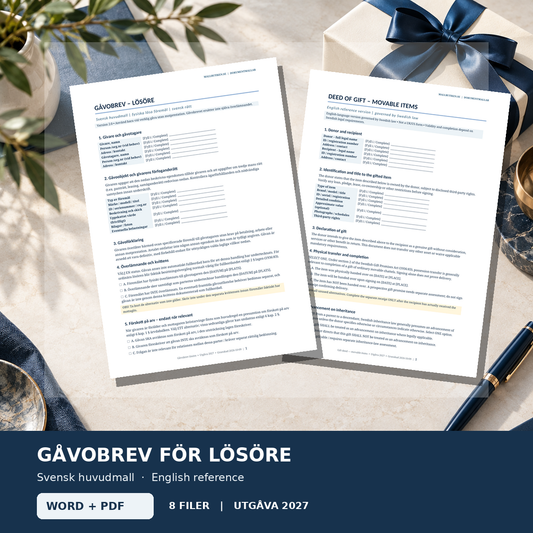 Gåvobrev för lösöre – svensk huvudmall i Word/PDF samt engelsk referens och guider, 2027