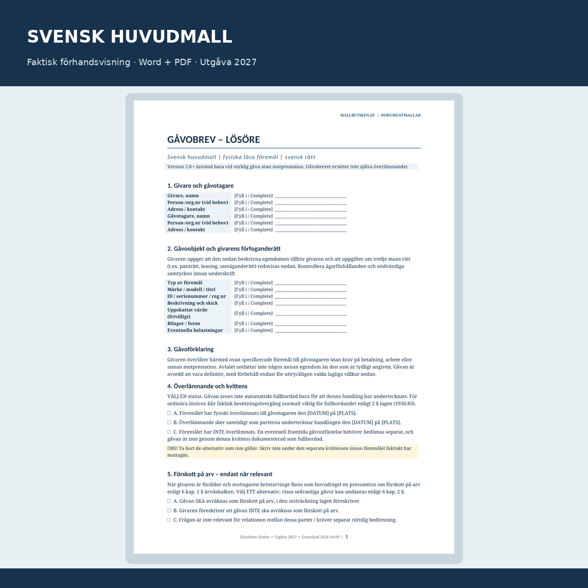 Faktisk förhandsvisning av svensk gåvobrevsmall för lös egendom med överlämningskvittens