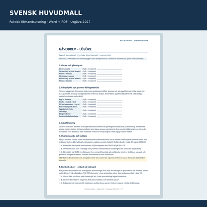 Faktisk förhandsvisning av svensk gåvobrevsmall för lös egendom med överlämningskvittens