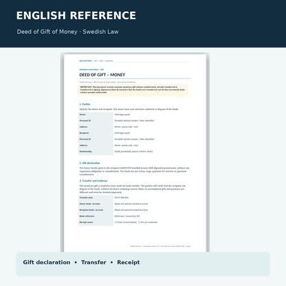 Deed of Gift Money Swedish Law – English reference agreement preview
