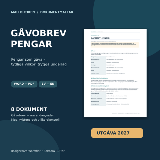 Gåvobrev för pengar 2027 – svensk Word/PDF-mall med kvittens och English reference