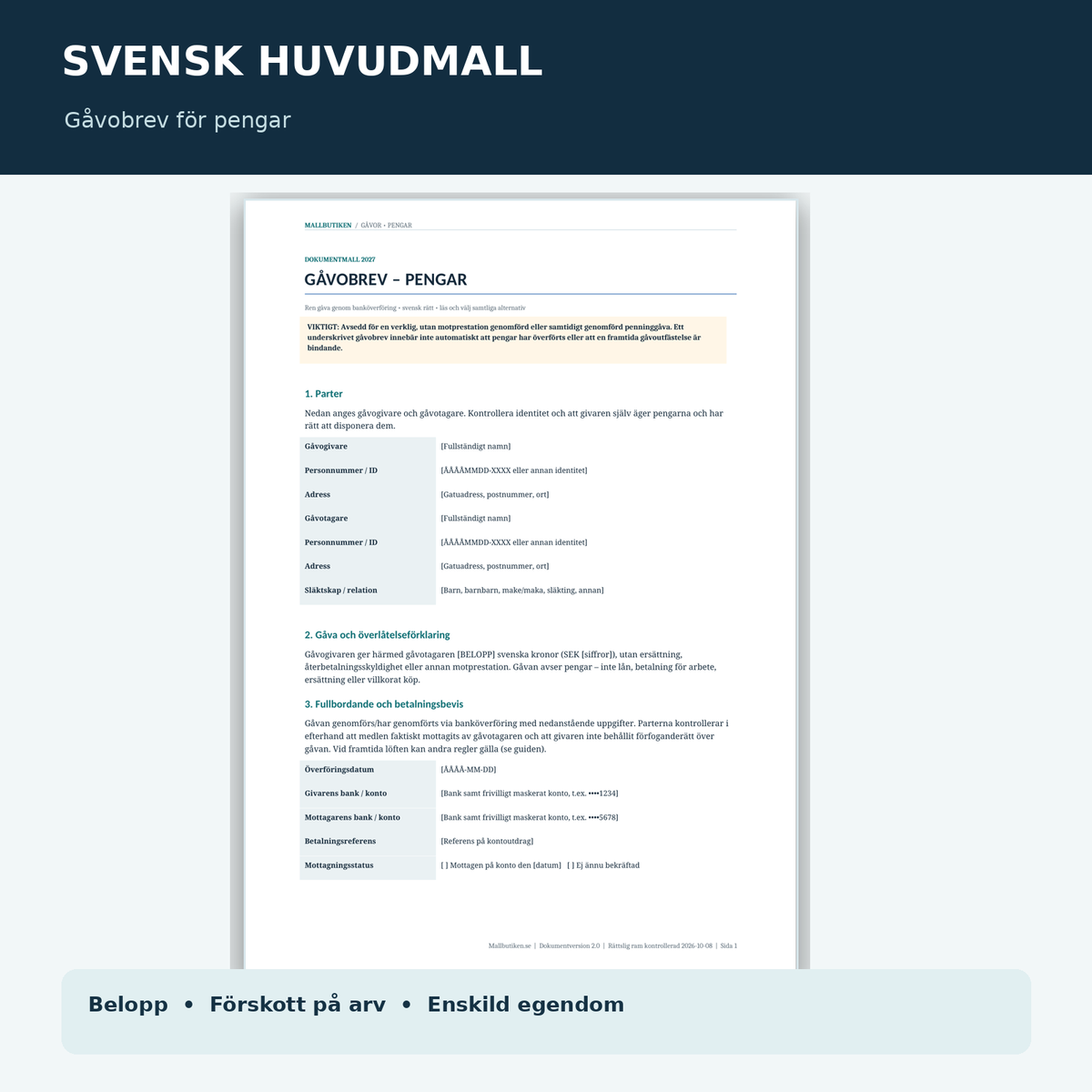 Svenskt gåvobrev för pengar – exempel på huvudmallen och banköverföringsfält