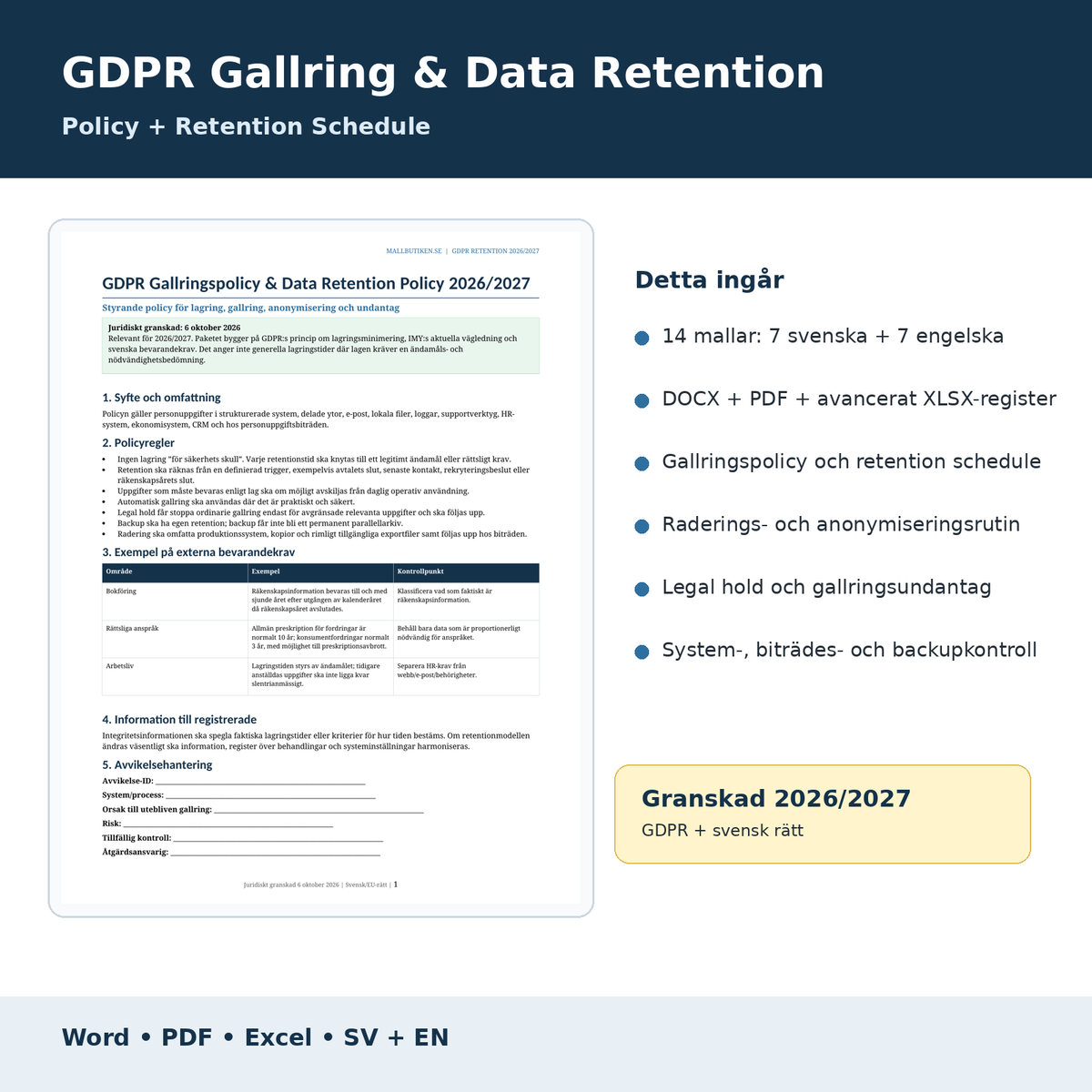 GDPR gallringspolicy data retention 2026/2027 svenska engelska Word PDF Excel