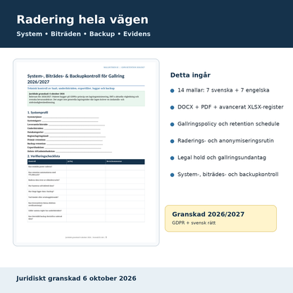 GDPR radering anonymisering biträden backup legal hold 2026/2027