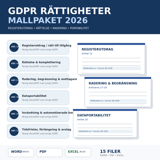 GDPR registerutdrag och registrerades rättigheter mallpaket 2026 – Word PDF Excel