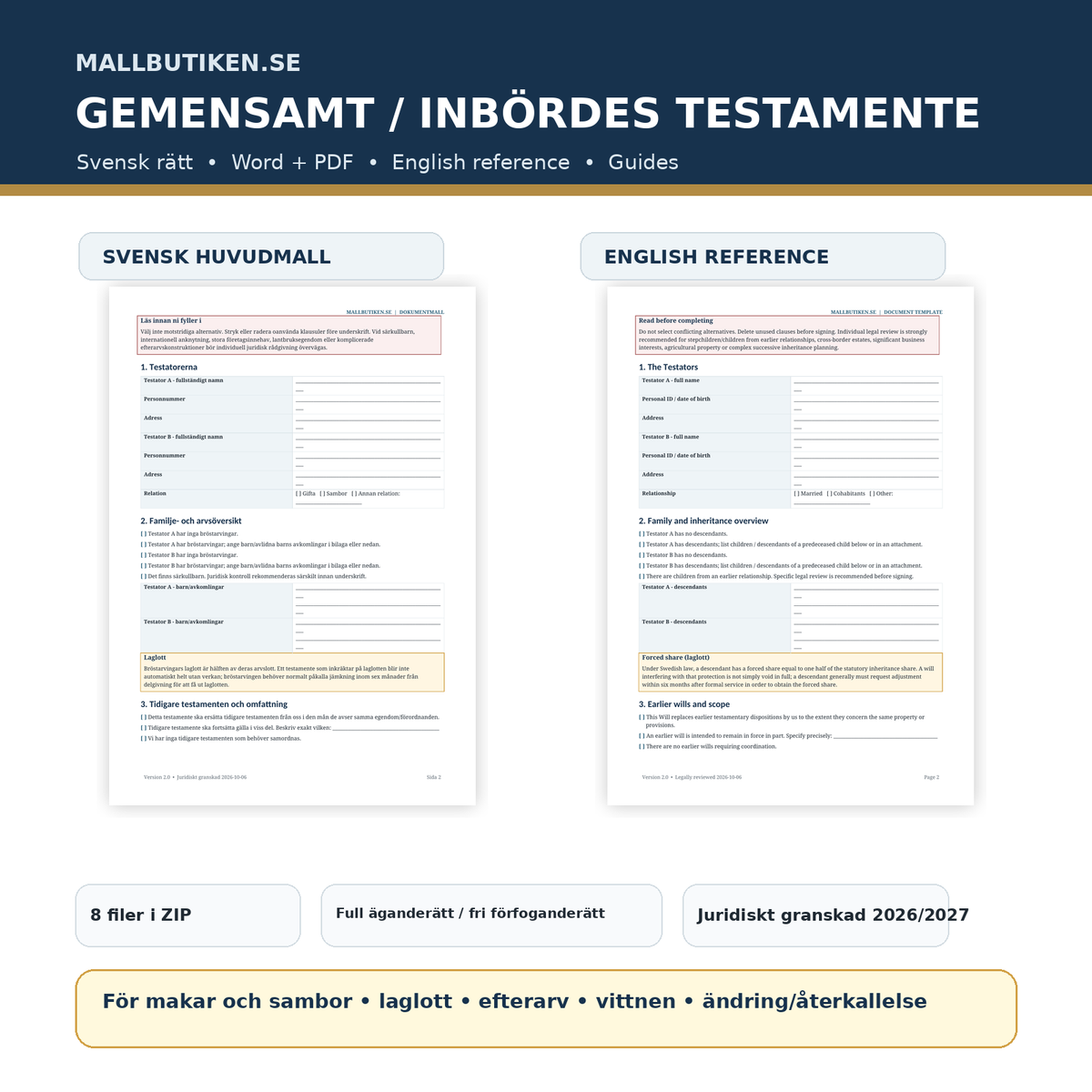 Gemensamt inbördes testamente enligt svensk rätt – Word/PDF, English reference och guider