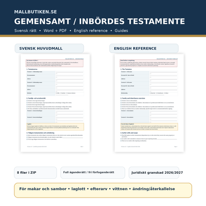 Gemensamt inbördes testamente enligt svensk rätt – Word/PDF, English reference och guider