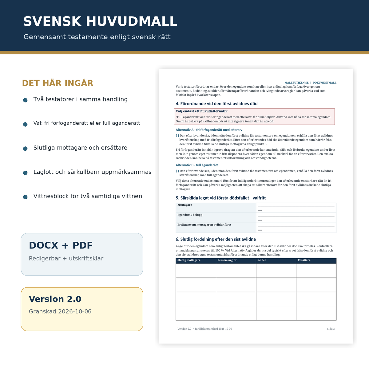 Förhandsvisning av svensk mall för gemensamt och inbördes testamente