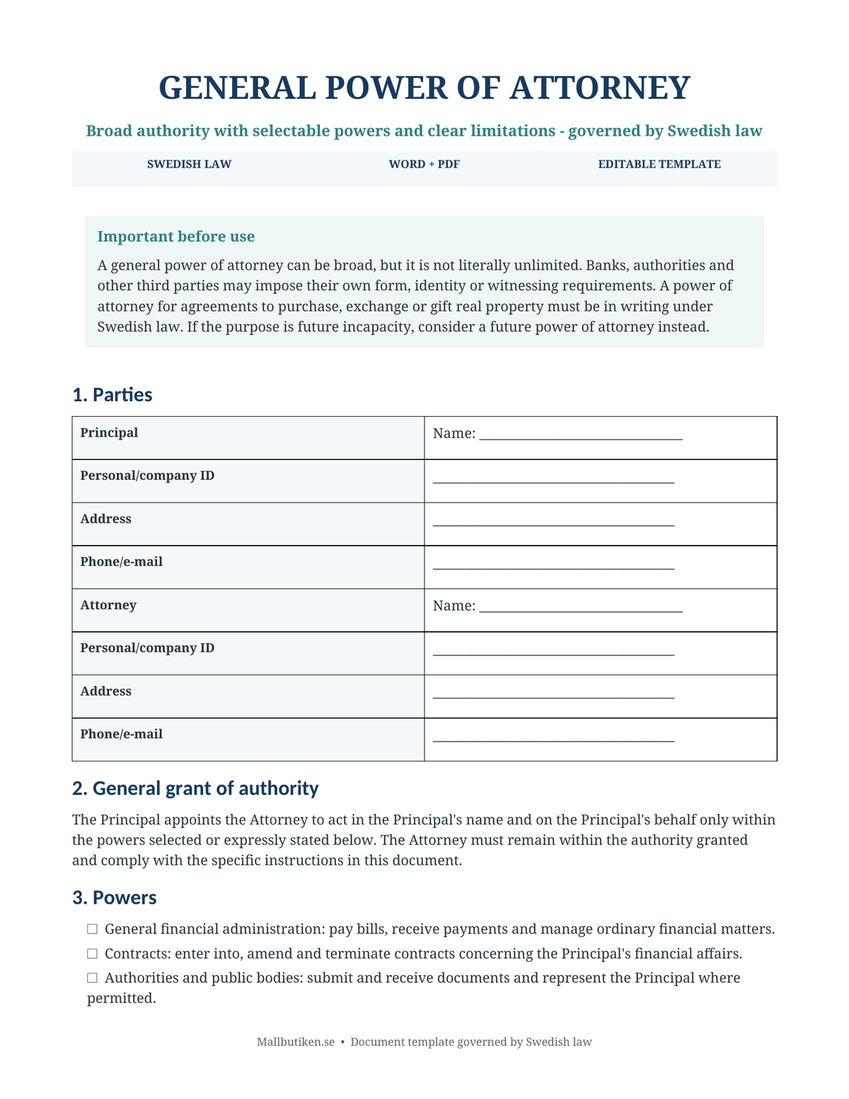 Preview of English General Power of Attorney template under Swedish law