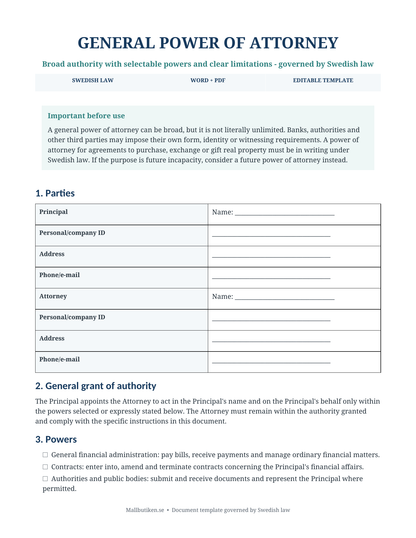 Preview of English General Power of Attorney template under Swedish law