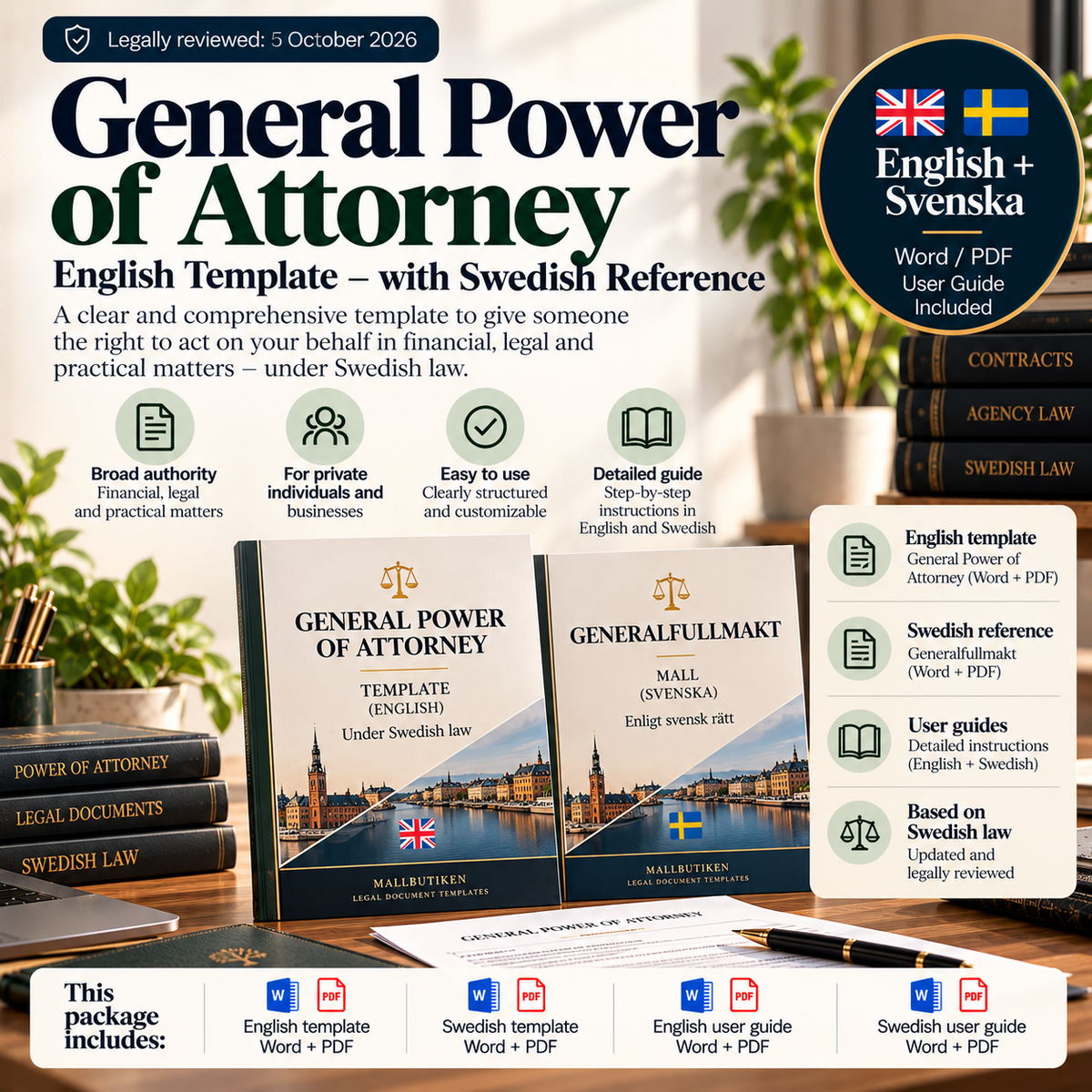 General Power of Attorney under Swedish law – English Word/PDF template with Swedish reference and user guides