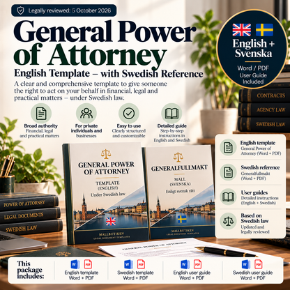 General Power of Attorney under Swedish law – English Word/PDF template with Swedish reference and user guides