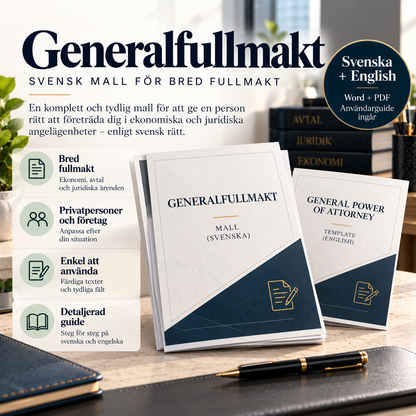 Generalfullmakt – svensk och engelsk Word/PDF-mall med användarguide
