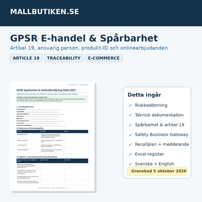 GPSR e-handel spårbarhet artikel 19 ansvarig person mall 2026/2027