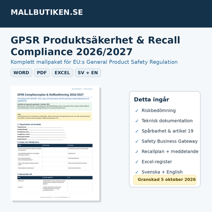 GPSR Produktsäkerhet & Recall Compliance 2026/2027 – Word PDF Excel svenska engelska