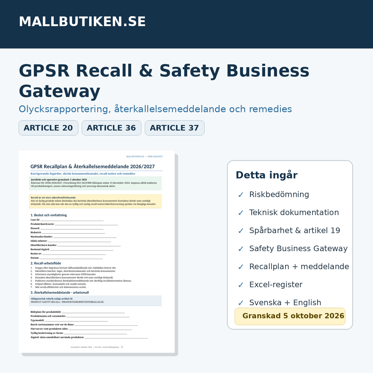 GPSR Recall Safety Business Gateway artikel 20 36 37 mall 2026/2027