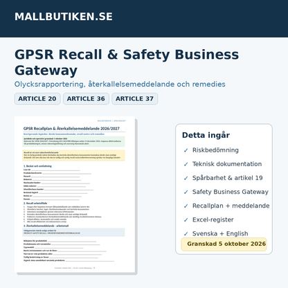 GPSR Recall Safety Business Gateway artikel 20 36 37 mall 2026/2027