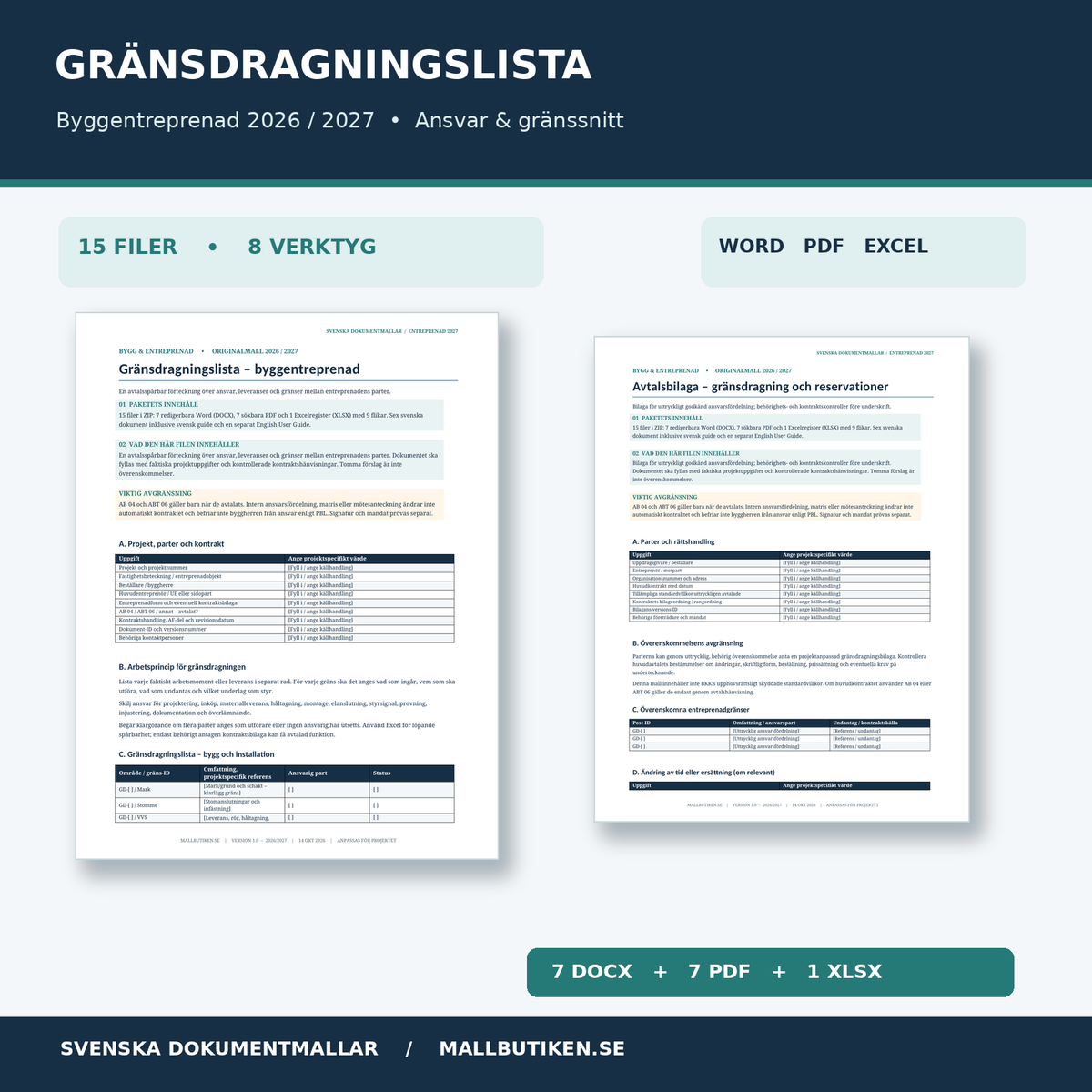 Gränsdragningslista för byggentreprenad 2026 2027 Word PDF Excel