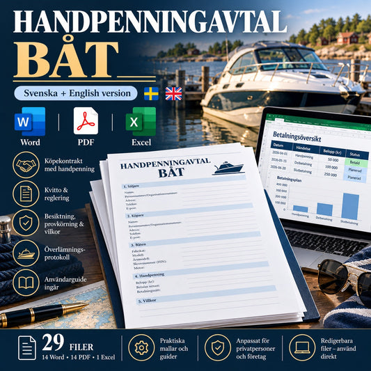 Handpenningavtal båt – 29 svenska och engelska Word PDF Excel-filer med kvitto, reservation, besiktning och guider