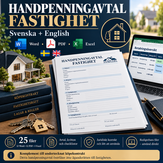 Handpenningavtal fastighet – 25 filer i Word PDF Excel med deposition, kvitto och guider