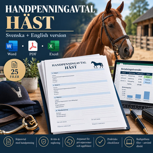 Handpenningavtal häst – svenska och engelska Word PDF Excel mallar med kvitto, veterinärvillkor och guide