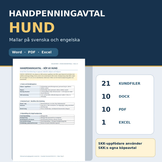 Handpenningavtal hund – Word PDF Excel med svenska och engelska mallar, guider och kvitto