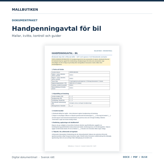 Handpenningavtal bil – svensk och engelsk Word PDF Excel mall med kvitto, besiktning och guider