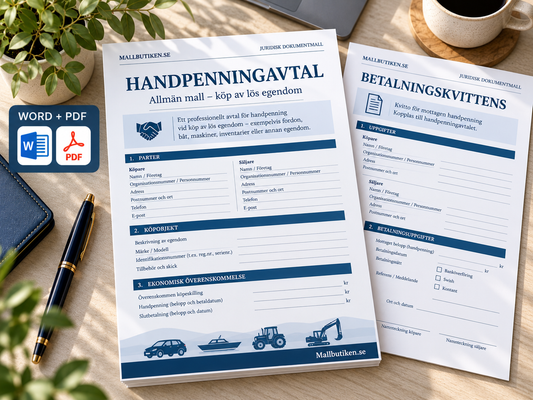 Handpenningavtal Word PDF för köp av lös egendom – med kvittens och slutavräkning