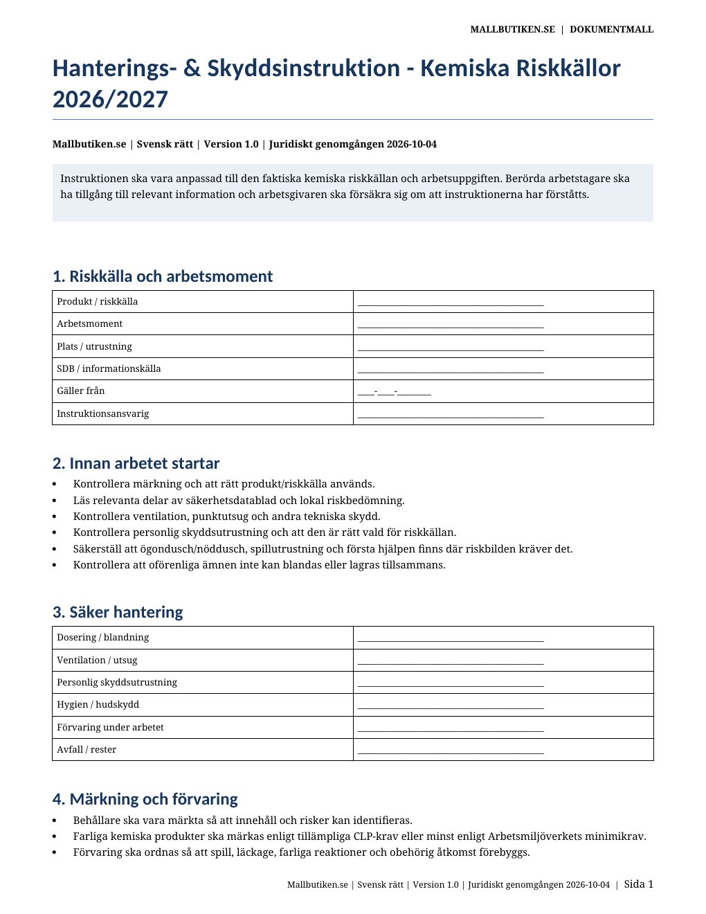 Hanterings och skyddsinstruktion kemiska risker 2026/2027