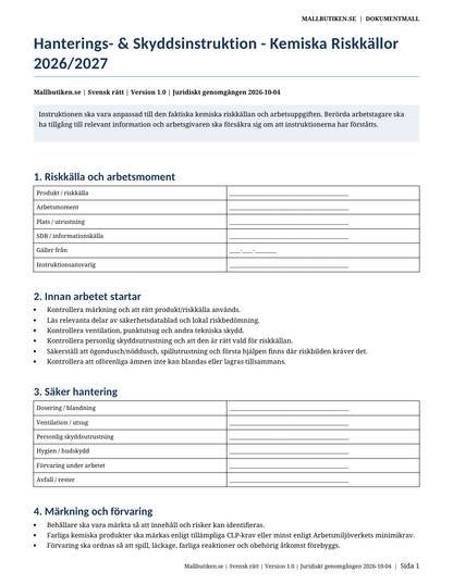 Hanterings och skyddsinstruktion kemiska risker 2026/2027
