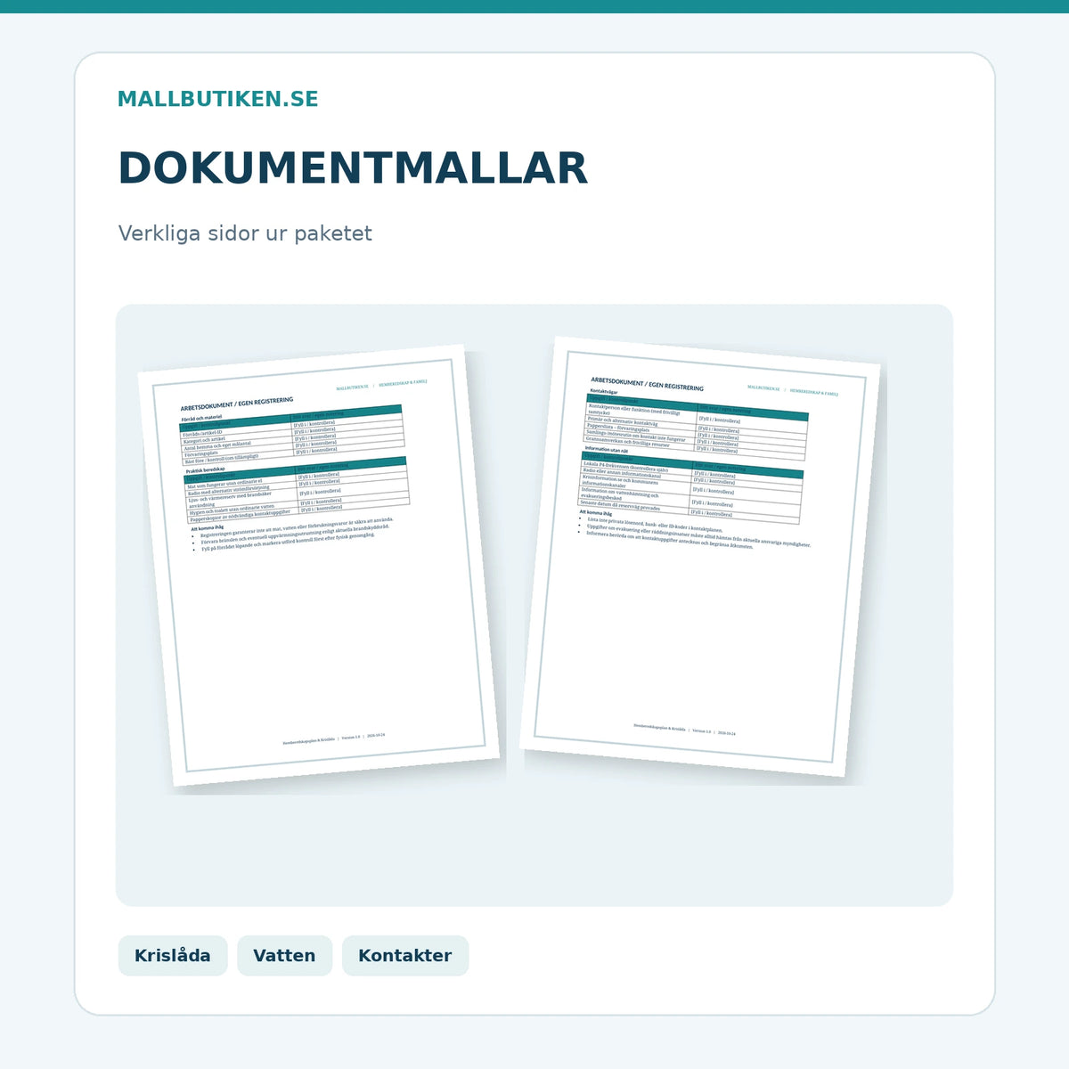 Krislåda vatten och kontaktplan – verkliga sidor ur dokumentpaketet