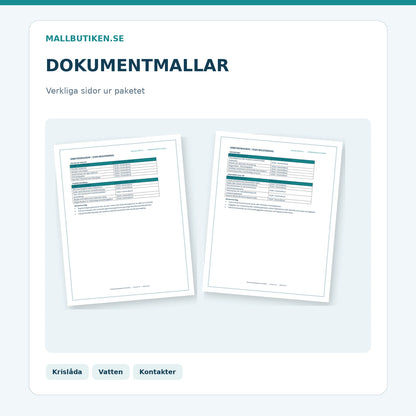 Krislåda vatten och kontaktplan – verkliga sidor ur dokumentpaketet