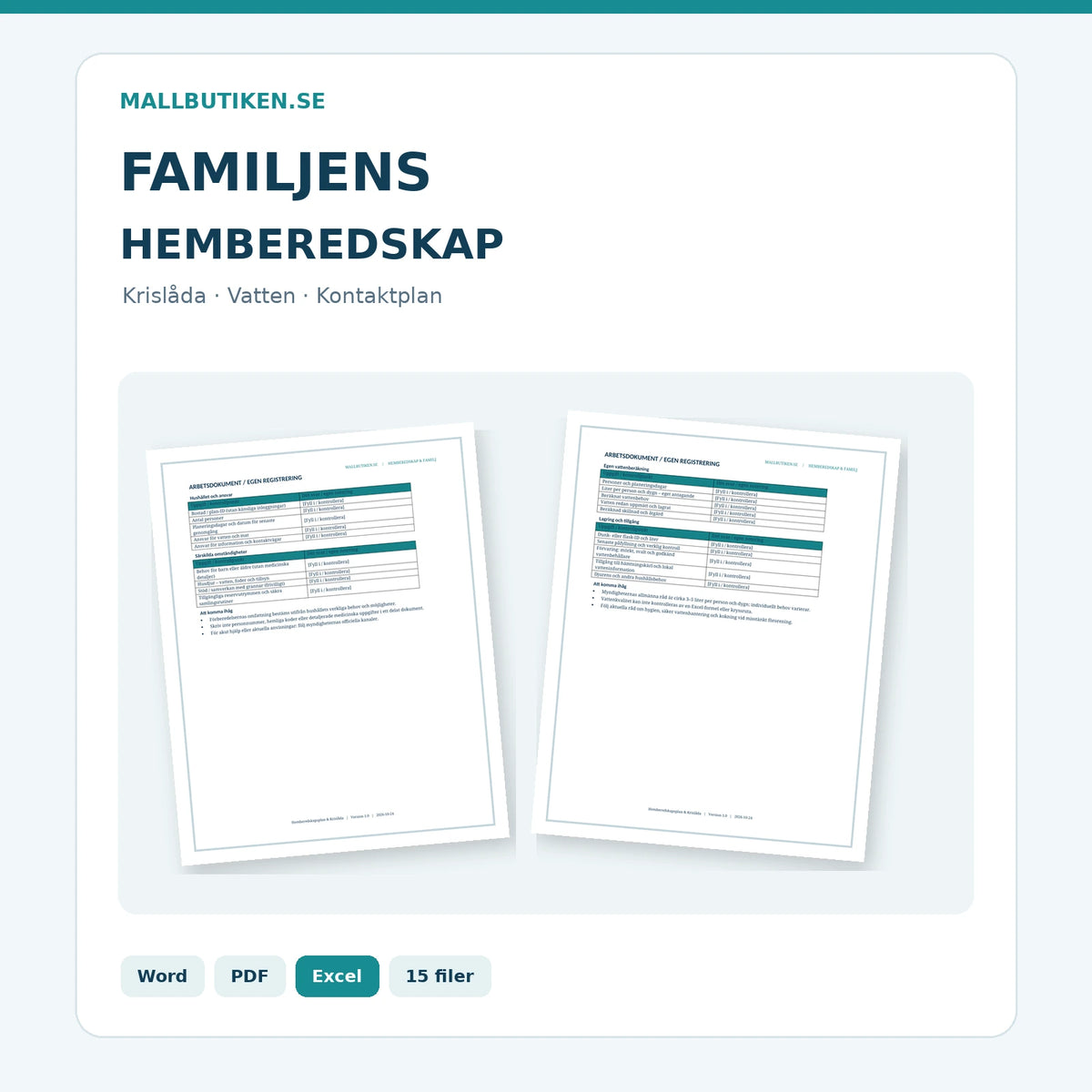 Hemberedskapsplan och krislåda – autentiska Word/PDF-mallar och Excel för privat hushåll