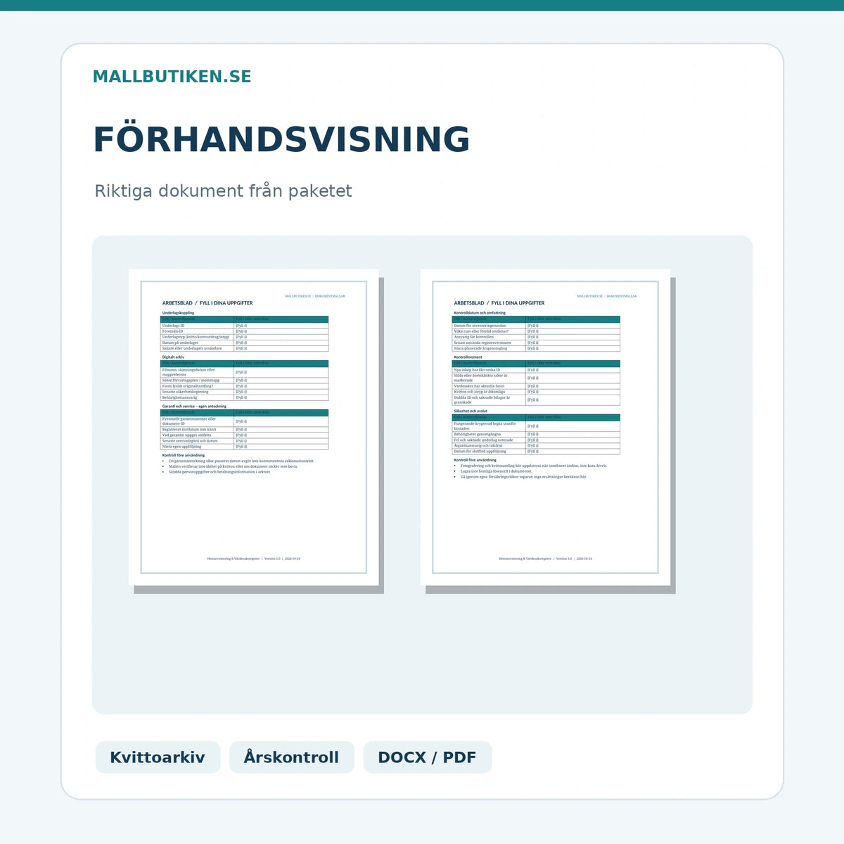 Kvittoarkiv och årlig egendomskontroll – verklig förhandsvisning av Mallbutikens Word PDF mallar