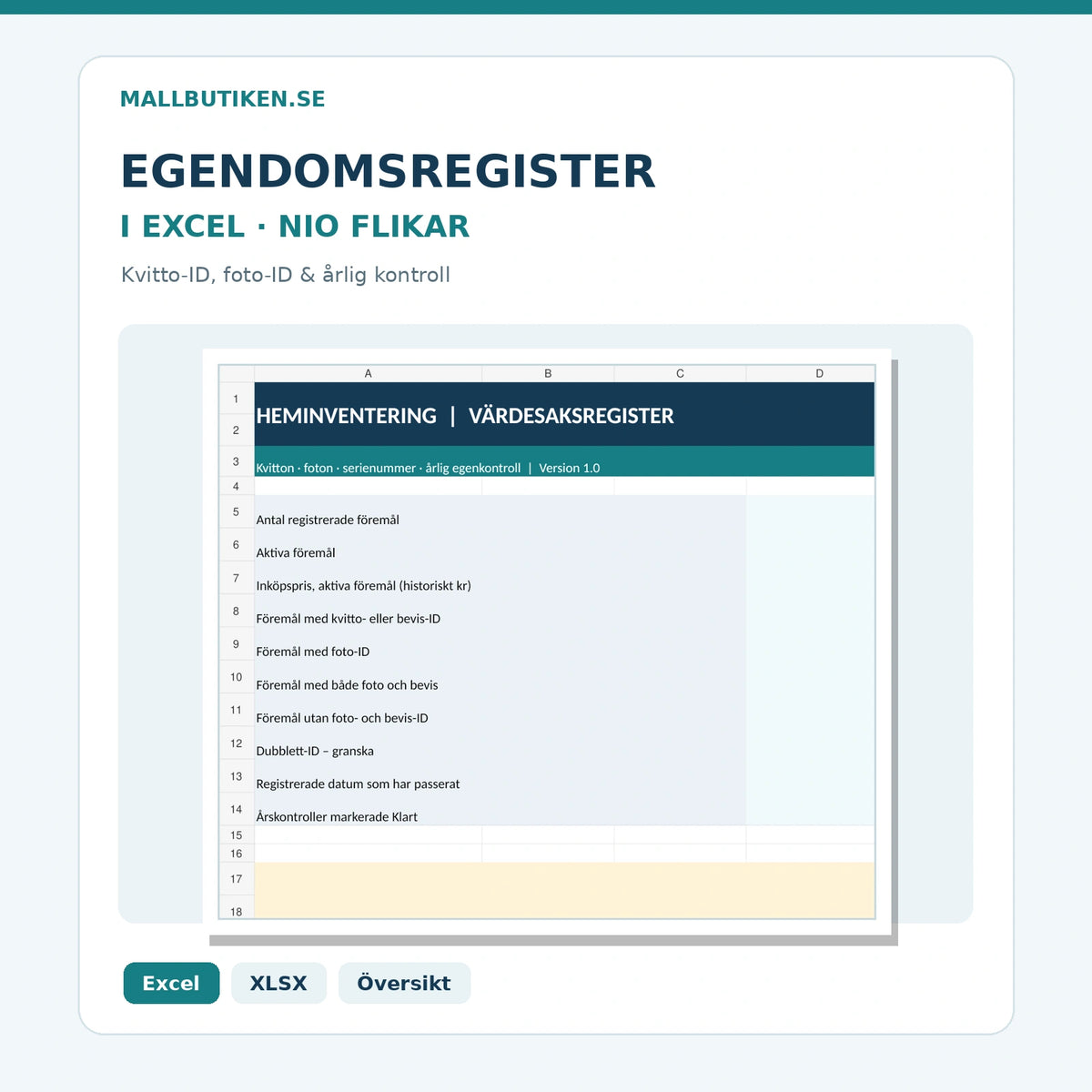 Heminventering i Excel – ägodelar kvitto-ID foto-ID och översikt med nio flikar