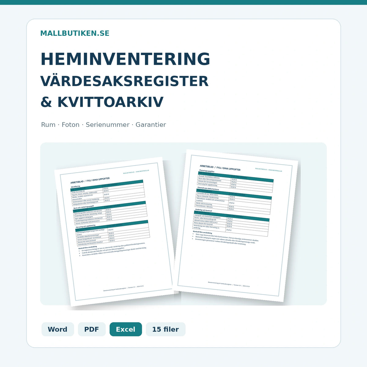 Heminventering och värdesaksregister – Word PDF Excel med autentiska dokumentutdrag