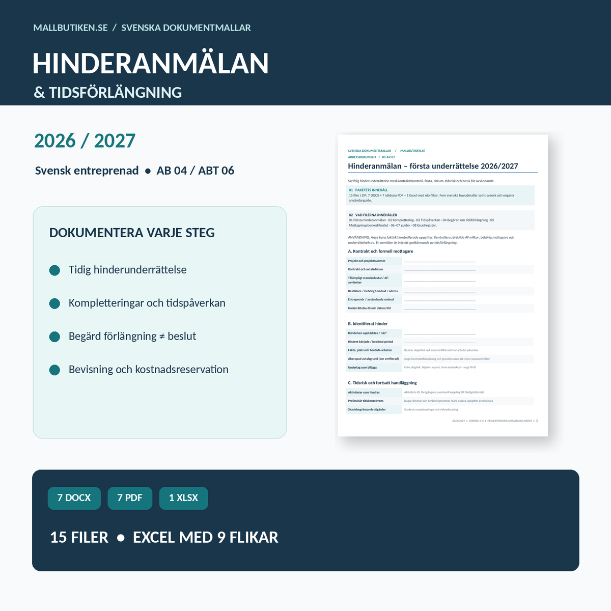 Hinderanmälan och tidsförlängning entreprenad 2026 2027 Word PDF Excel